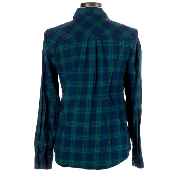 J. Crew Plaid Flannel Button Up Boxy Fit Navy and Green Boyfriend Large - Picture 2 of 7